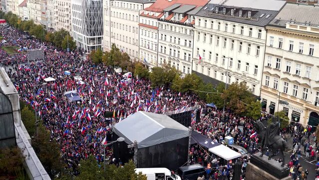 Massive protest with flags at Wenceslas square in Prague, Czechia.
