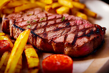 Saftiges gegrilltes Steak mit Pommes Frites auf einem Teller