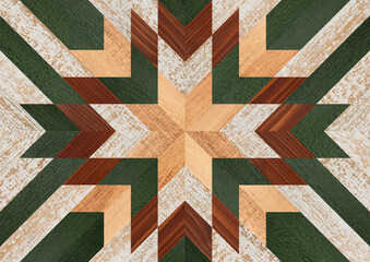 Colorful decorative wooden panel with geometric tribal pattern. 