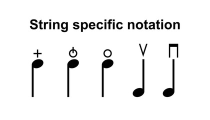 Bowed strings specific notation symbols vector black color isolated on white background. Musical notation. music notes vector.