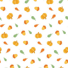 Autumn pumpkin acorn vector pattern. Fall season time. Yellow, green leaves. Orange pumpkin, oak acorn. Childish textile wallpaper. Seamless wrapping paper.