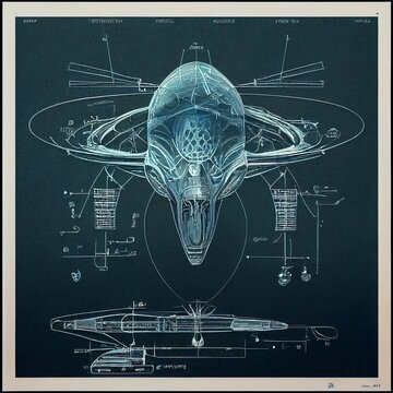 Alien Space Ship, Flying Saucer, Blueprint, Sketch, Diagram, Outline With Dimensions, Outline And Technical Specification, Engineering Research. Drawing On Dark Blue Paper, Pencil Drawing.