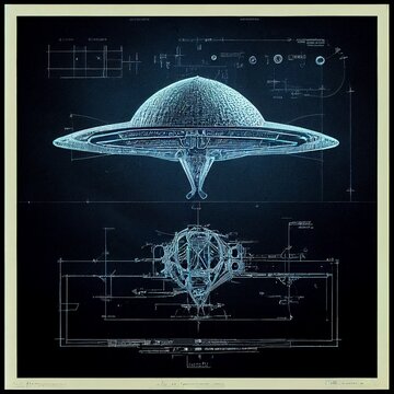 Alien space ship, flying saucer, blueprint, sketch, diagram, outline with dimensions, outline and technical specification, engineering research. Drawing on dark blue paper, pencil drawing.