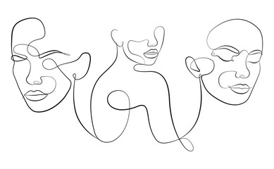 Obraz premium Three women contemporary line drawing. Portrait in a modern abstract graphic style. Three faces in one line.