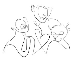 Three abstract face one line drawing. Portrait minimalistic style. Fine one line drawing abstract face. One line drawing abstract faces. Modern continuous line art. Three women feces illustration.
