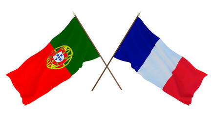 Background, 3D render for designers, illustrators. National Independence Day. Flags Portugal and  Saint Martin