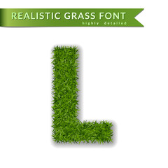 Grass letter L, alphabet 3D design. Capital letter text. Green font isolated white background, shadow. Symbol eco nature, environment, save the planet. Detailed lush plant meadow Vector illustration