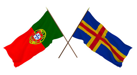 Background, 3D render for designers, illustrators. National Independence Day. Flags Portugal and Åland Islands