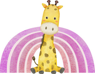 Fototapeta na wymiar watercolor-giraffe-with-rainbow