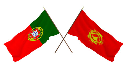 Background, 3D render for designers, illustrators. National Independence Day. Flags Portugal and Kyrgyzstan