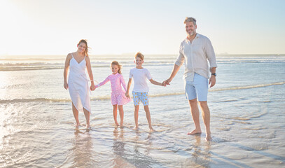 Happy family, beach and relax on Miami summer vacation holiday for fun, joy and happiness together....
