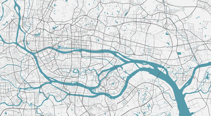 Guangzhou vector map. Detailed map of Guangzhou city administrative area. Cityscape panorama illustration. Road map with highways, streets, rivers.