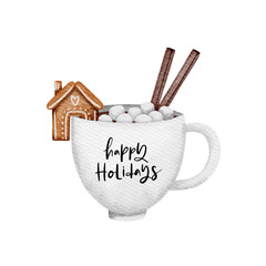 Christmas illustration with white cup with gingerbread house, marshmallow and cinnamon sticks. Happy holidays.