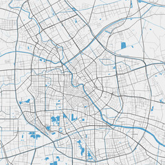 Tianjin vector map. Detailed map of Tianjin city administrative area. Cityscape panorama illustration. Road map with highways, streets, rivers.