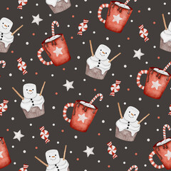 Christmas seamless pattern with red cups, marshmallow snowmen, lollypops, stars and candy canes.