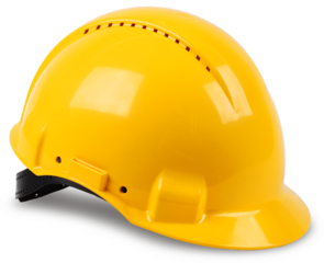 Modern yellow hard hat protective safety helmet with drop shadow isolated