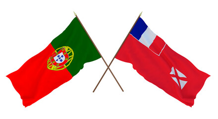 Background, 3D render for designers, illustrators. National Independence Day. Flags Portugal and Wallis and Futuna