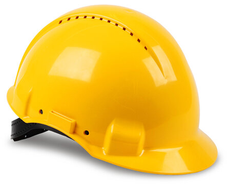 Modern yellow hard hat protective safety helmet with drop shadow isolated