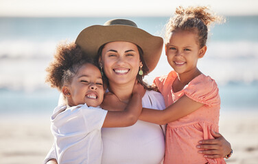 Portrait of mother with child at beach smile, happy and hug with love. Latino woman with children,...