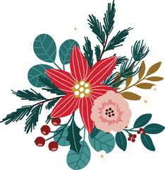 Festive christmas floral composition bouquet with flowers and elements for card, poster, template design, floral christmas