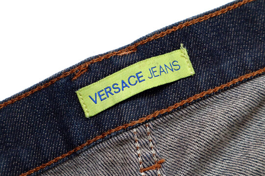 Label of an VERSACE JEANS denim. VJ is an Italian luxury fashion house brand of GIANNI VERSACE S.r.l. - Italy 