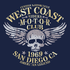 West coast rider motor club american legend vector artwork for boy kid man t shirt grunge effect in separate layers