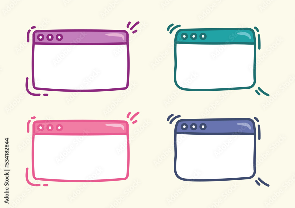 Poster web browser pop up vector illustration set. browser hand drawn outline doodle icon. computer interfa