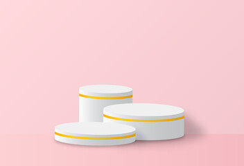 Geometric podium platform with golden round line. Commercial pedestal in pink pastel background.