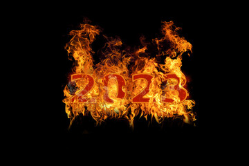 3D illustration New Year concept 2023 design with text fire design on the fire was burning.