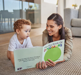 Mom, child and reading dinosaur books on living room floor at family home for educational fun,...