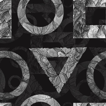 Watercolor pattern black and white geometry, foliage on a dark background for your seamless design