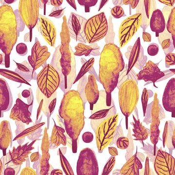 Watercolor pattern autumn forest, doodle tree on white background for your seamless design