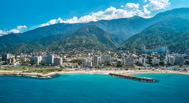 Aerial Panoramic view of Caraballeda de la Costa coastline caribbean beach, Vargas State. Venezuela.