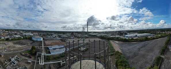 aerial photo of an industrial Steel structure, empty victorian gas storage tank for bulk storage of...