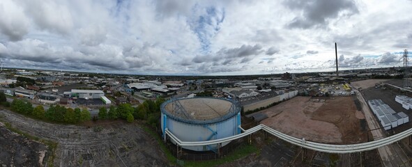 aerial photo of an industrial Steel structure of empty 1960s gas storage tank for bulk storage of...