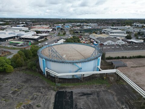 aerial photo of an industrial Steel structure of empty 1960s gas storage tank for bulk storage of natural gas for the UK Natanal grid. Clough road site Kingston upon Hull 