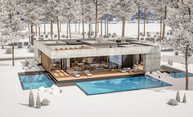 3d rendering of new concrete house in modern style with pool and parking for sale or rent and beautiful landscaping on background. The house has only one floor. Cool winter day with shiny white snow