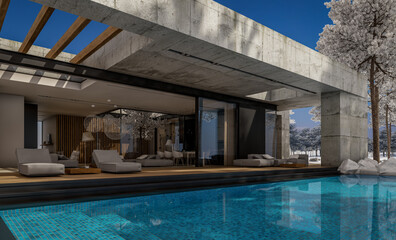 3d rendering of new concrete house in modern style with pool and parking for sale or rent and beautiful landscaping on background. The house has only one floor. Cool winter day with shiny white snow