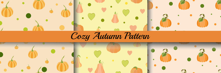 Autumn pattern with pumpkins, vector set