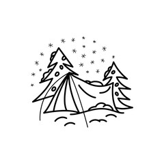 Christmas line icon from the Christmas camping series. Happy Holidays symbol and elements. Stock winter vector. Tent and trees