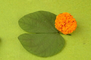 Indian Festival Dussehra, showing golden leaf and flowers with traditional diya on red background....