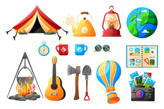 Tent, campfire, guitar, lamp, gas-burner, air balloon. Set of elements for Camping, traveling, trip, hiking.