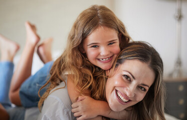 Relax, hug and portrait of mother with child in New Zealand family home enjoy bonding together....