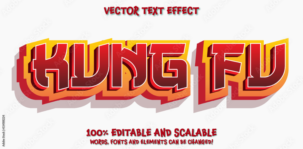 Poster kung fu text, editable asian style red letters font template with 3d bold style use for business des