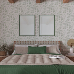 Farmhouse bedroom in green and beige tones with frame mockup. Wooden furniture and wallpaper. Boho interior design