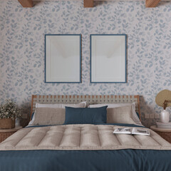 Farmhouse bedroom in blue and beige tones with frame mockup. Wooden furniture and wallpaper. Boho interior design