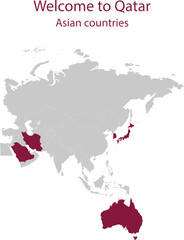 Maroon map of Asian countries participating in International Soccer Event in Qatar inside gray map of Asian continent