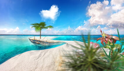 Obraz na płótnie Canvas tropical beaches blue sky ,whute clouds in heart shape exotic flowers and palm tree on sea wave summer leisure vacation background