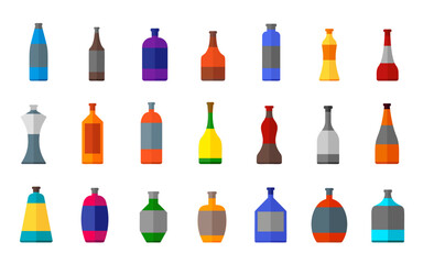 Bottle of alcohol beverage flat cartoon icon set. Various shapes glass beer wine bottles. Bar restaurant pub alcoholic jar. Vodka whiskey soda beer water brandy liqueur flask