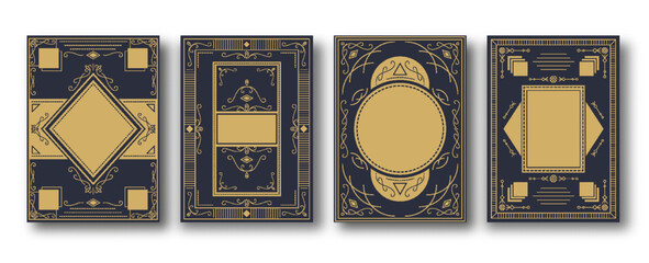 Vintage notebook cover set. Golden engraving pattern template with copy space for annual notepad, brochure, copybook, diary. Art deco graphic print for magazine covers, booklet journal cards